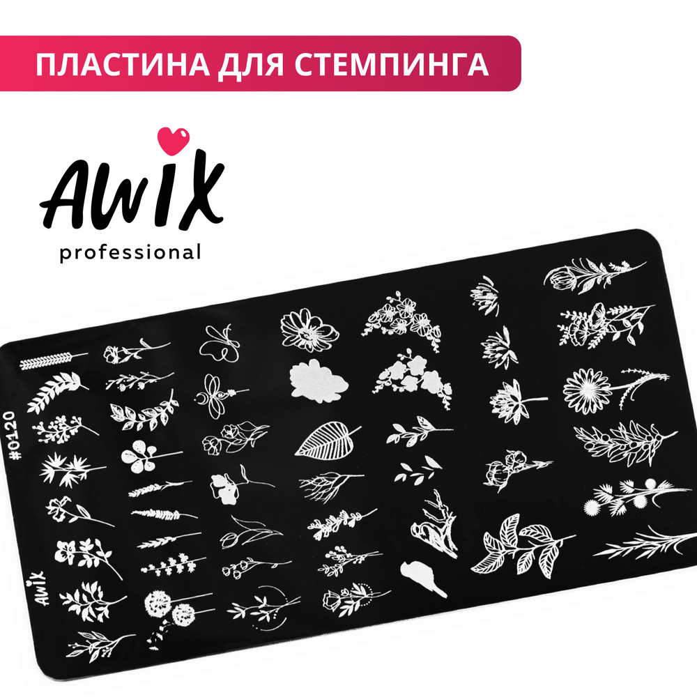 Awix, Пластина для стемпинга 120, металлический трафарет для ногтей с цветами, веточки  #1