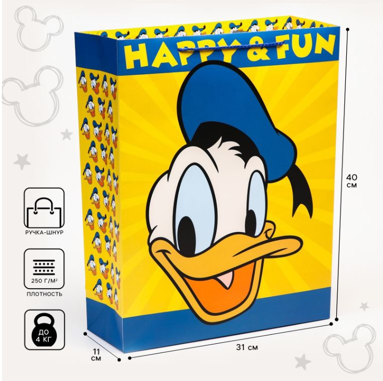 Пакет подарочный Микки Маус "Happy & fun", 31х40х11,5, детский, подарочная упаковка  #1