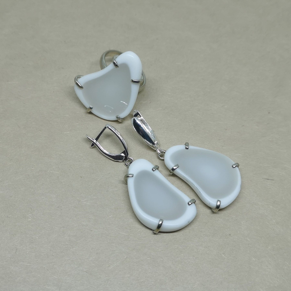 Комплект Опаловый кахолонг (серьги,кольцо) украшение ручной работы из натуральных камней Зазеркалье  #1