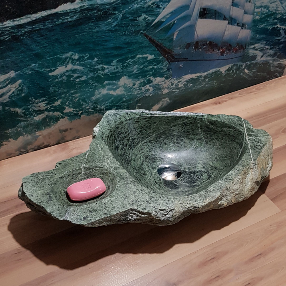 Раковина накладная с мыльницей на столешницу для ванной мойка каменная из натурального /речного/горного #1