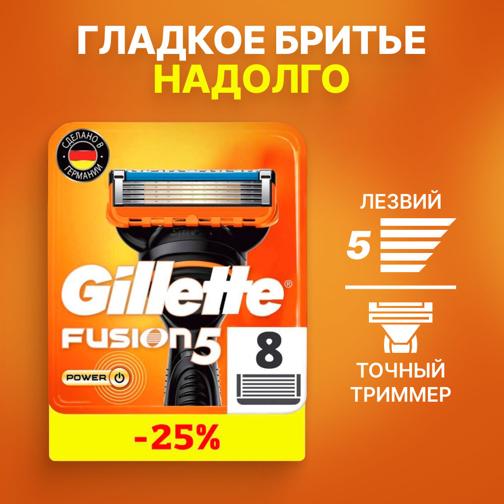 Сменные кассеты Gillette Fusion Power с 5 лезвиями для бритья, 8 шт / Лезвия для бритвы Джилет мужские #1