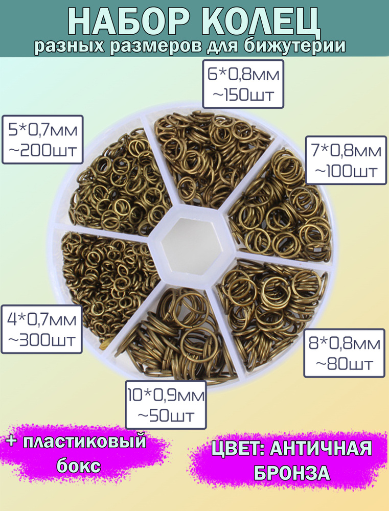 Набор соединительных колец, цвет античная бронза, 6 разных размеров из цинкового сплава в пластиковой #1