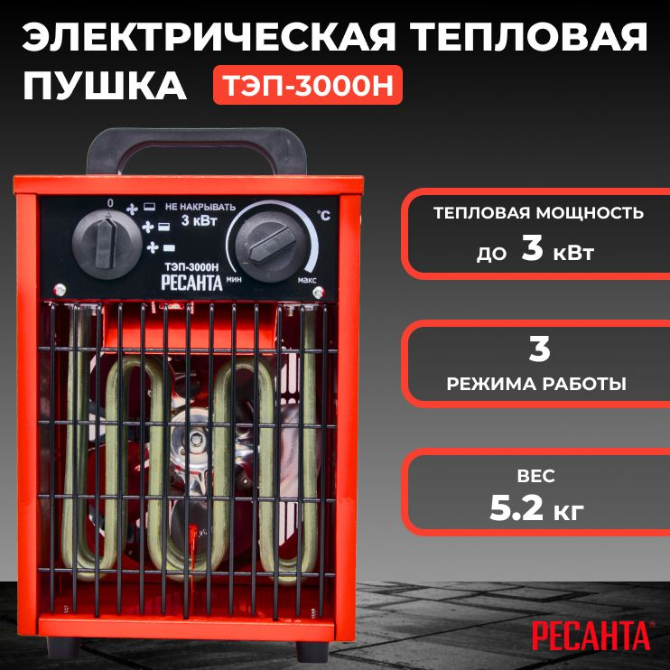 Тепловая пушка электрическая РЕСАНТА ТЭП-3000Н/Мощность 3 кВт 220-230 В 3 режима терморегулятор вес 5.2 #1