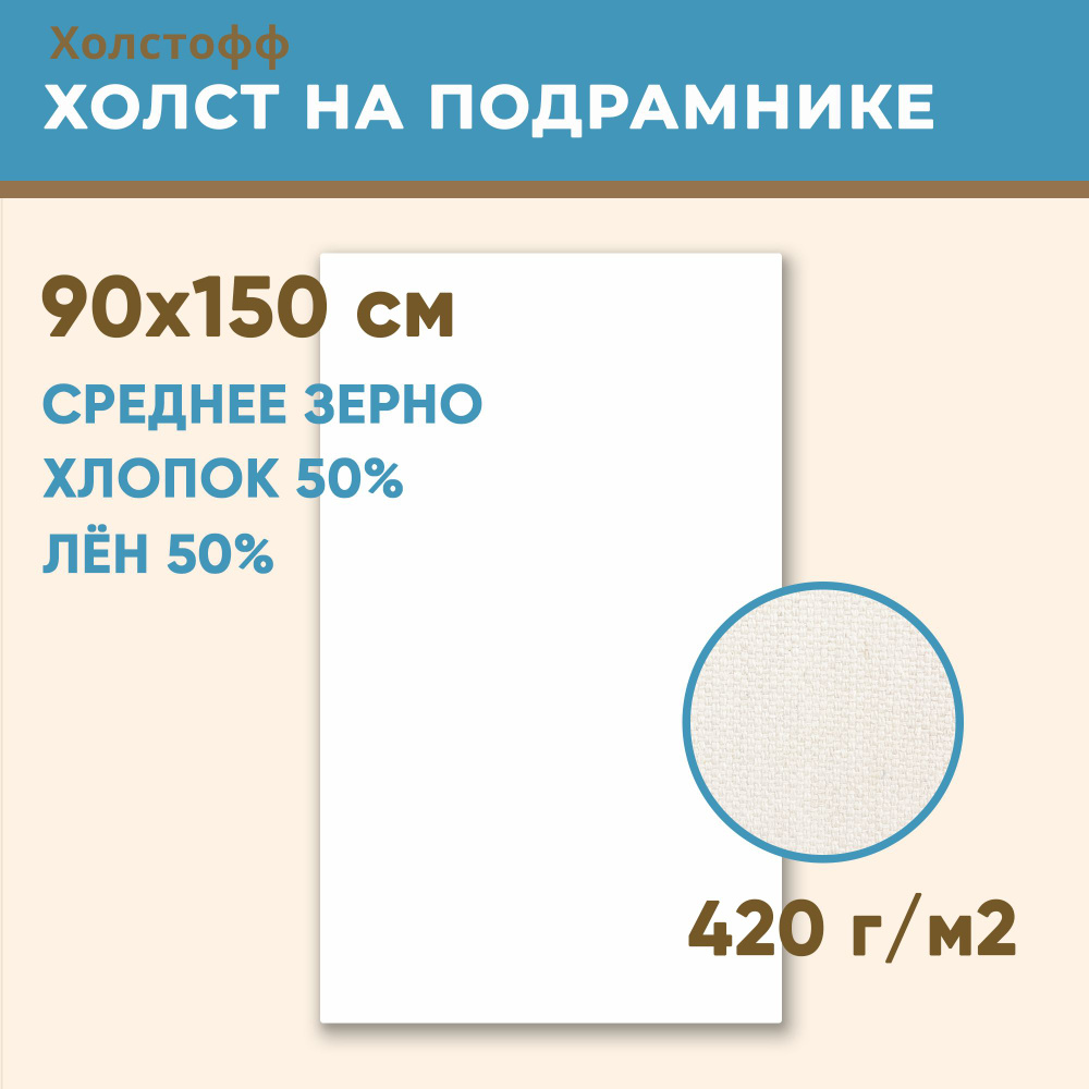 Холст грунтованный на подрамнике 90х150 см, 420 г/м2, лен 50%, хлопок 50%, среднее зерно, Холстофф  #1