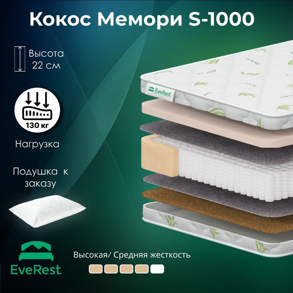 Everest Матрас Кокос Мемори S1000, Независимые пружины, 150х190 см  #1