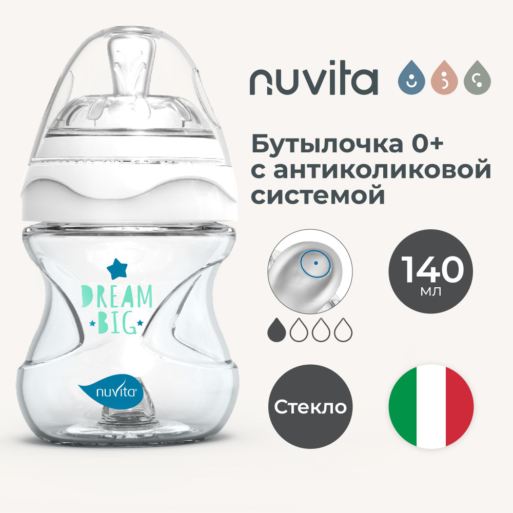 Бутылочка антиколиковая для кормления новорожденных Nuvita Glass Collection 140 мл, стеклянная, с медленным #1