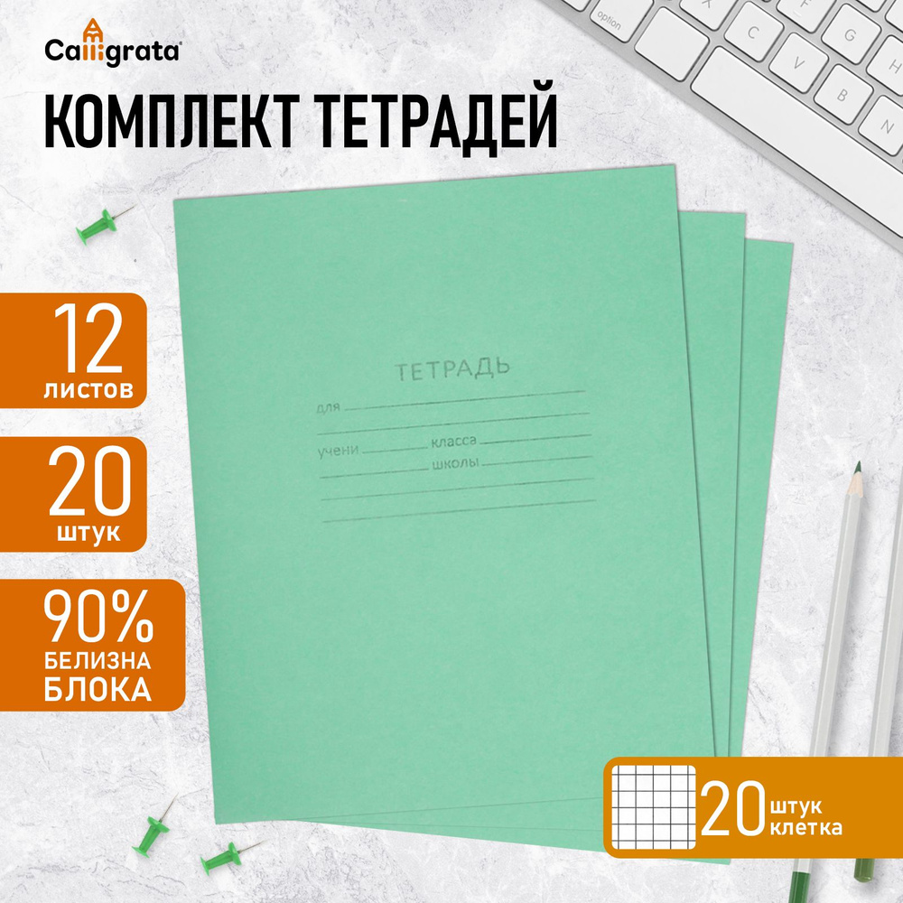 Комплект тетрадей из 20 штук, 12 листов в клетку КПК "Зёленая обложка", блок офсет, белизна 92%  #1