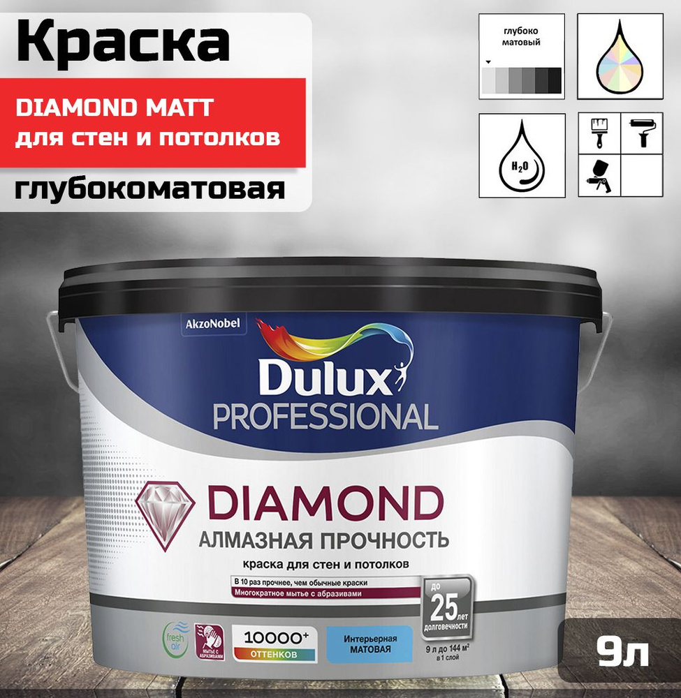 Краска для стен и потолков Dulux Diamond Extra Matt глубокоматовая база BW 9л.  #1