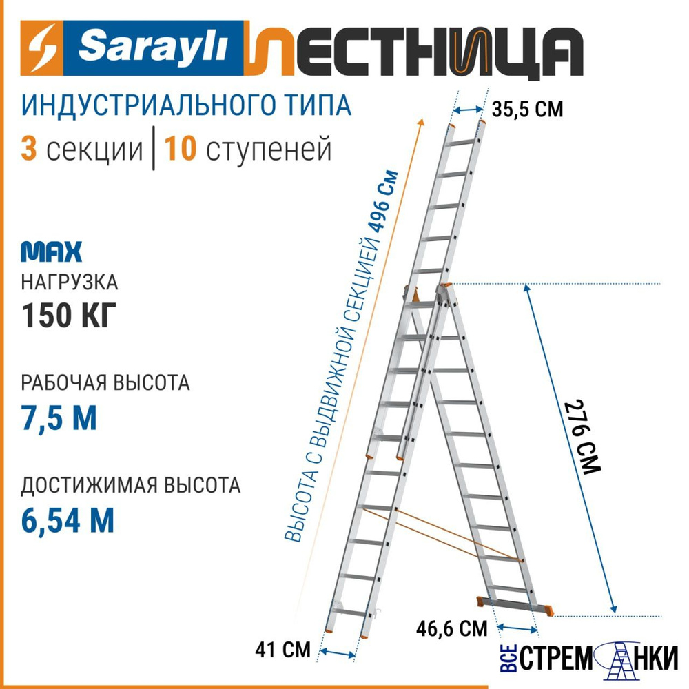 Лестница индустриального типа Sarayli 3x10 три секции 6,54 метра  #1