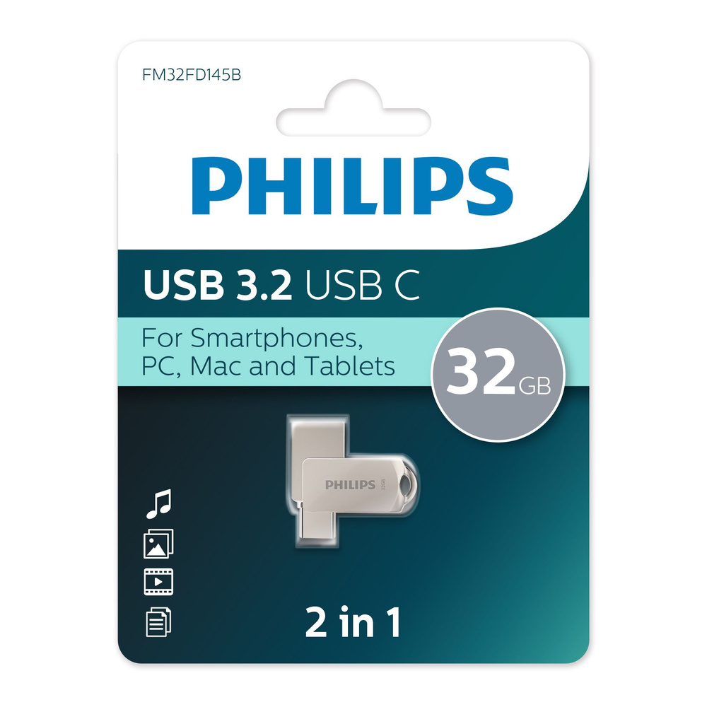 Флеш накопитель 32Gb PHILIPS 2-in-1 USB 3.2 USB C, OTG, USB 3.2/Type-C, Металл, 100 MB/s FM32FD145B/97 #1