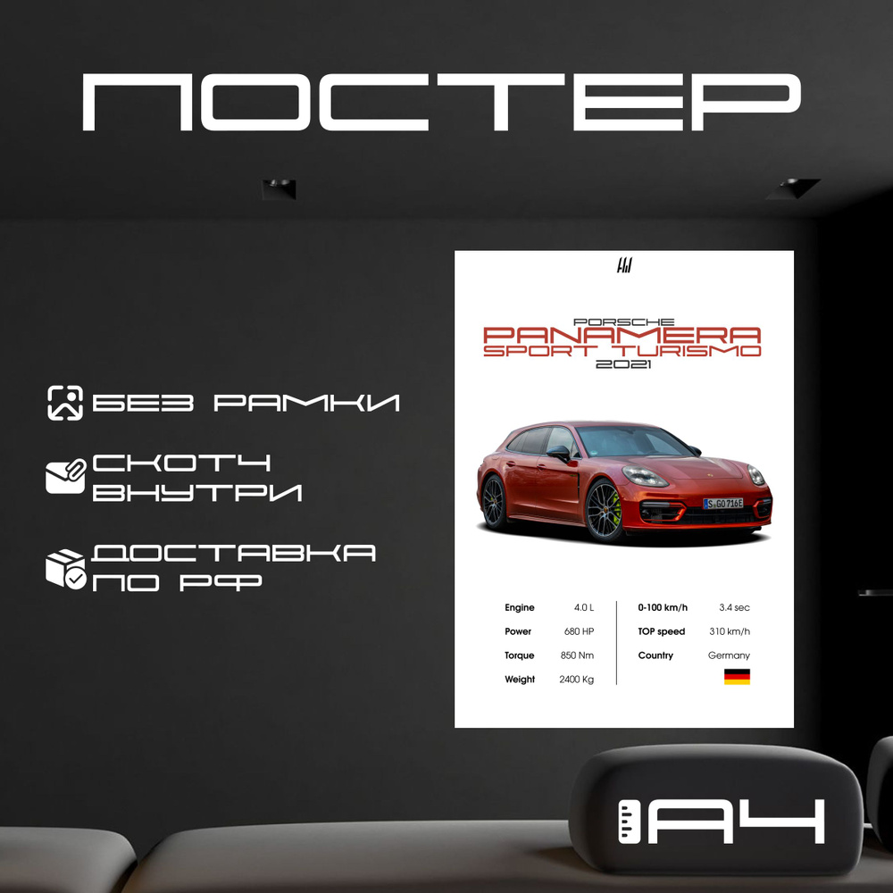 Постер "PORSCHE Panamera Sport Turismo 2021 с характеристиками без рамки, формат А4", 29.7 см х 21 см #1