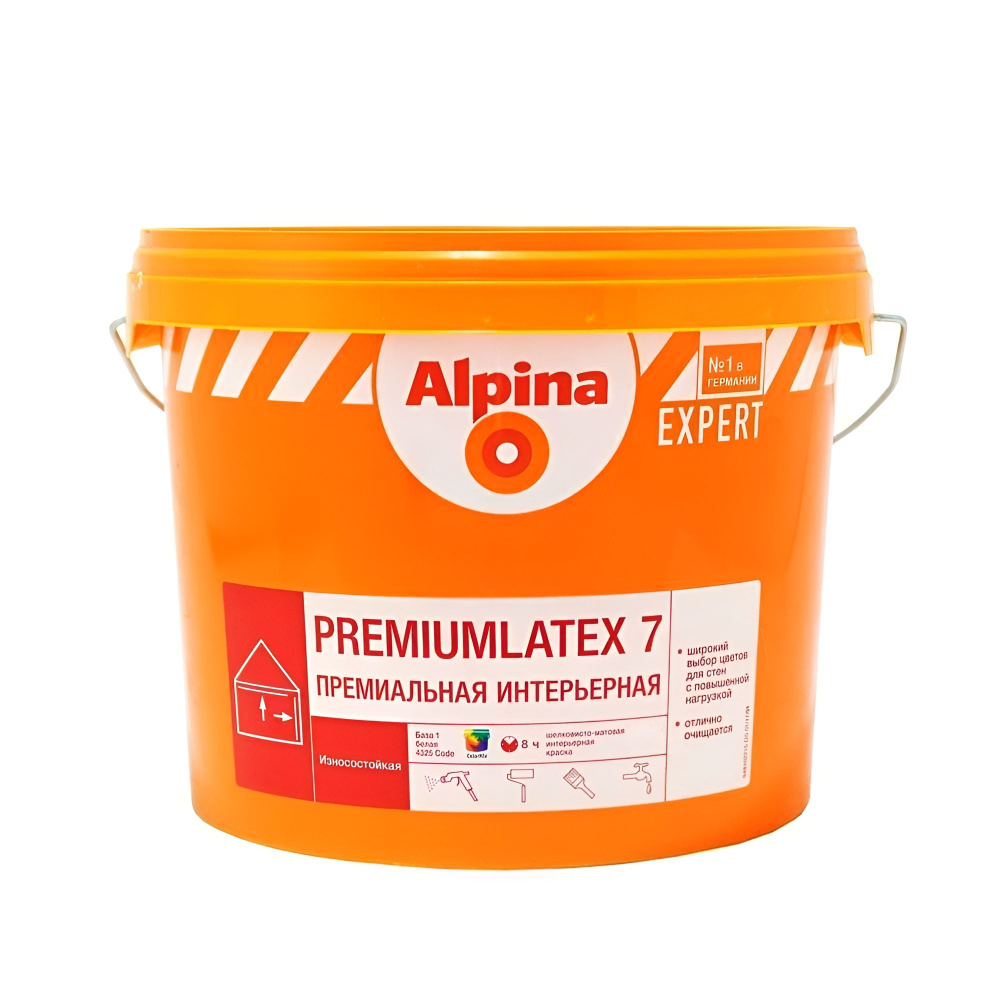 Краска интерьерная для стен и потолков Alpina Premiumlatex 7 шелковисто-матовая 10л база 1  #1