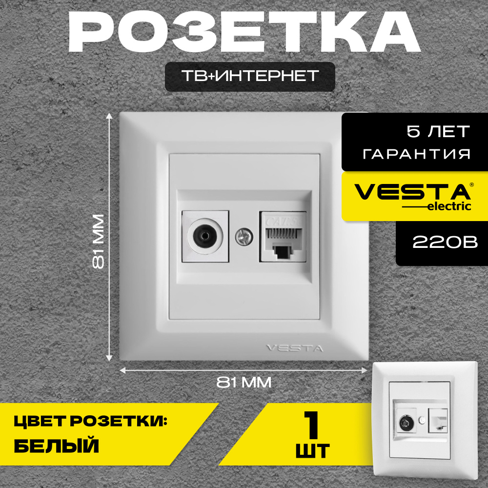 Розетка для сетевого кабеля LAN + TV белая Vesta-Electric Roma White #1