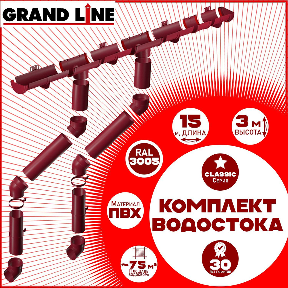 Комплект элементов водостока Grand Line на 15 м карниза (120мм/90мм) RAL 3005 бордо (вишневый) водосточная #1