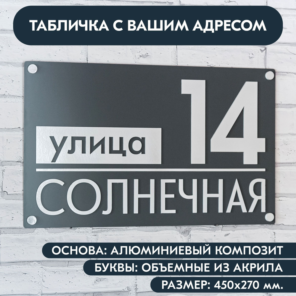 Адресная табличка на дом 450х270 мм. с объёмными буквами из акрила с зеркальным серебром, в основе алюминиевый #1