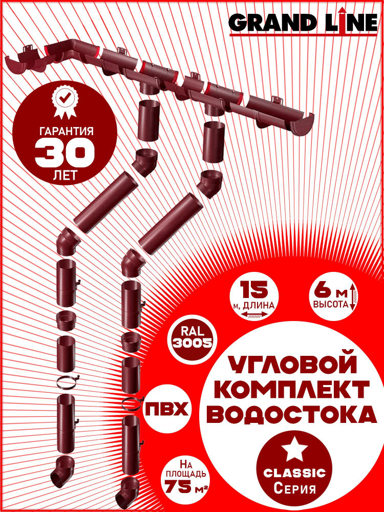 Угловой/прямой комплект водостока Grand Line на 15 м карниза (120мм/90мм) высота 6 м, две воронки вишневый #1