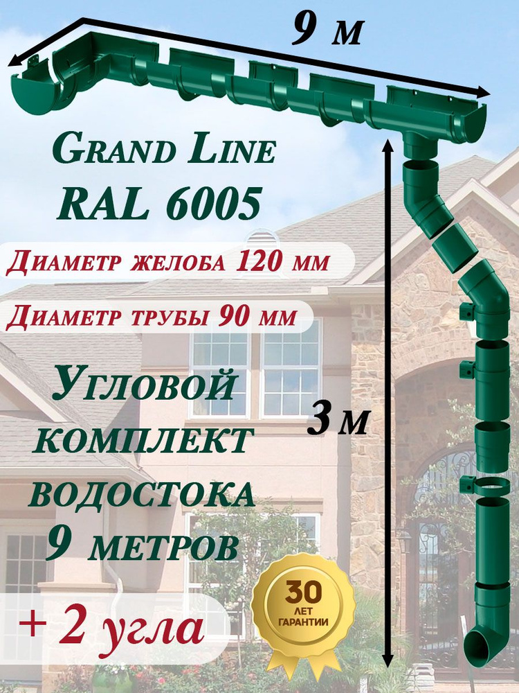 Угловой/прямой комплект водосточной системы Grand Line на 9 м карниза (120мм/90мм) зеленый для вальмовой #1