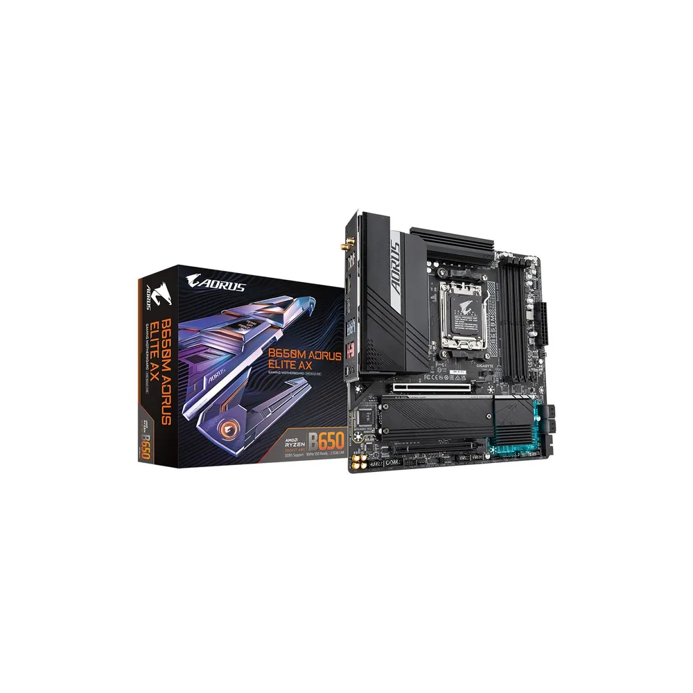 Gigabyte B650M AORUS ELITE AX Материнская плата , AM5, AMD B650, 4xDDR5, 4xSATA, 2xM.2, 1xPCI-E 5.0 x4, 1xPCI-E 4.0 x16, 1xHDMI, 1xDP, 1x 2.5Gb LAN, 4xUSB-A 2.0, 5xUSB-A 3.2 Gen 1, 2xUSB-A 3.2 Gen 2, 1xUSB-C 3.2 Gen 2, 2x3.5 мм, 7.1, Micro-ATX