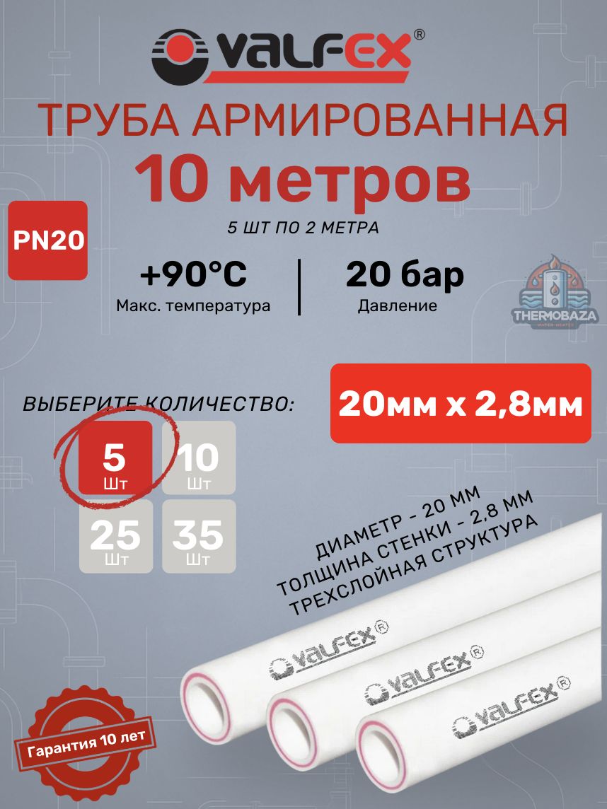 Трубаарм.ValfexSDR7.4PN2020х2,8мм;5штпо2метраполипропиленоваяармированнаястекловолокном