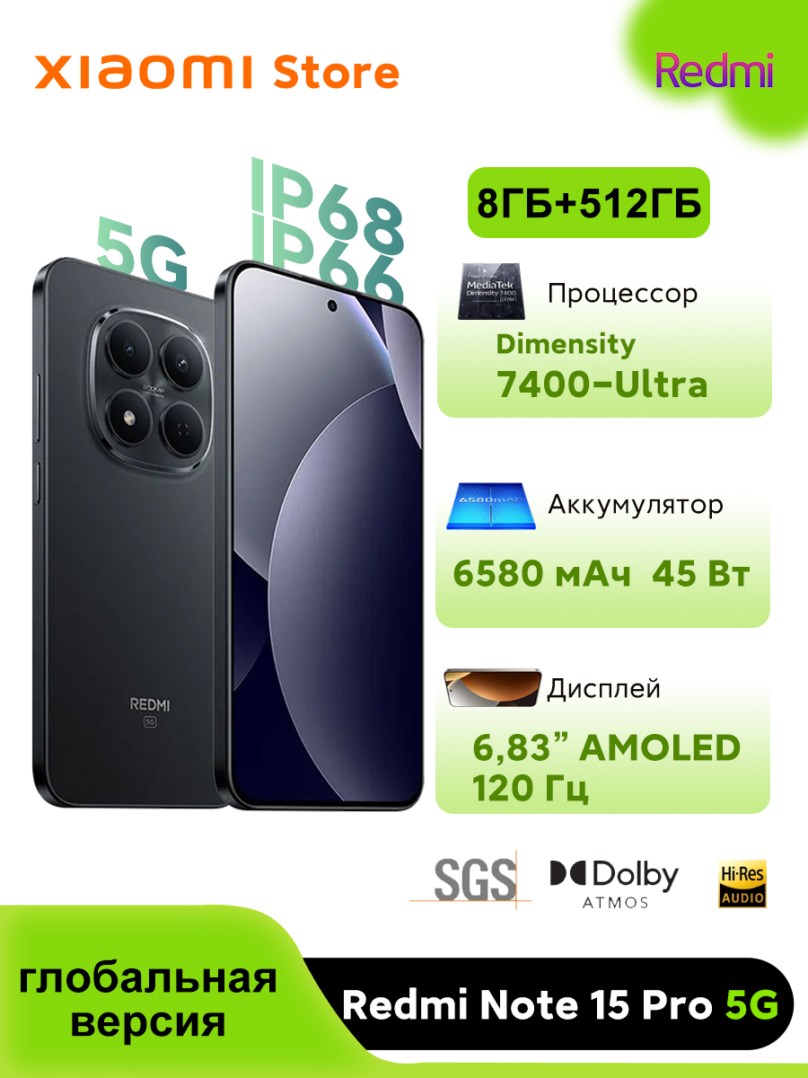 RedmiСмартфонRedmiNote15Pro5G,поддержкарусскогоязыкаGooglePlayNFC,глобальнаяверсияGlobal8/512ГБ,Nano-SIM,eSIM,черныйматовый