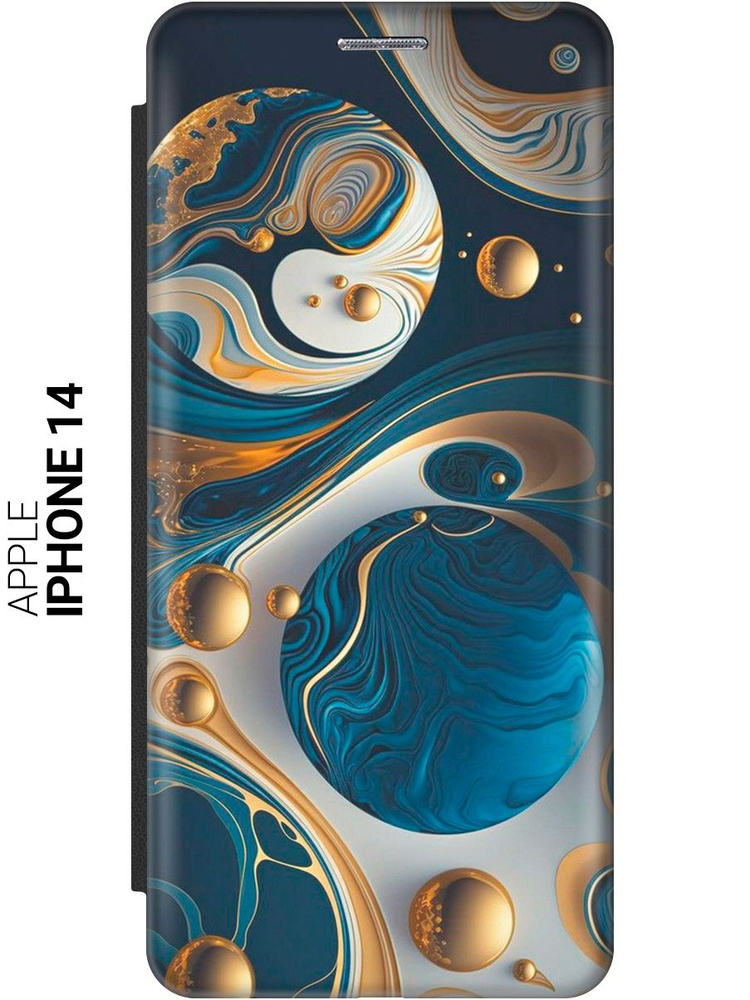 Чехол-книжка на Apple iPhone 14 / Эпл Айфон 14 с рисунком "Сине-золотые фигуры" черный  #1