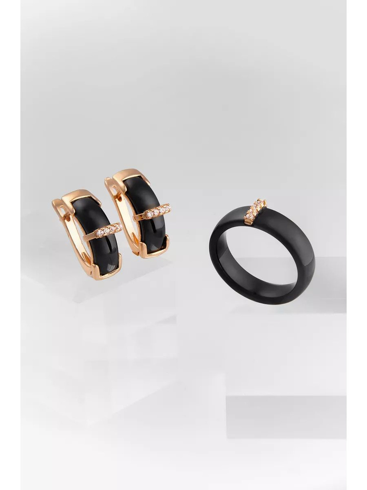 Baryshnikov Комплект бижутерии кольцо с серьгами черное в золоте 17  #1