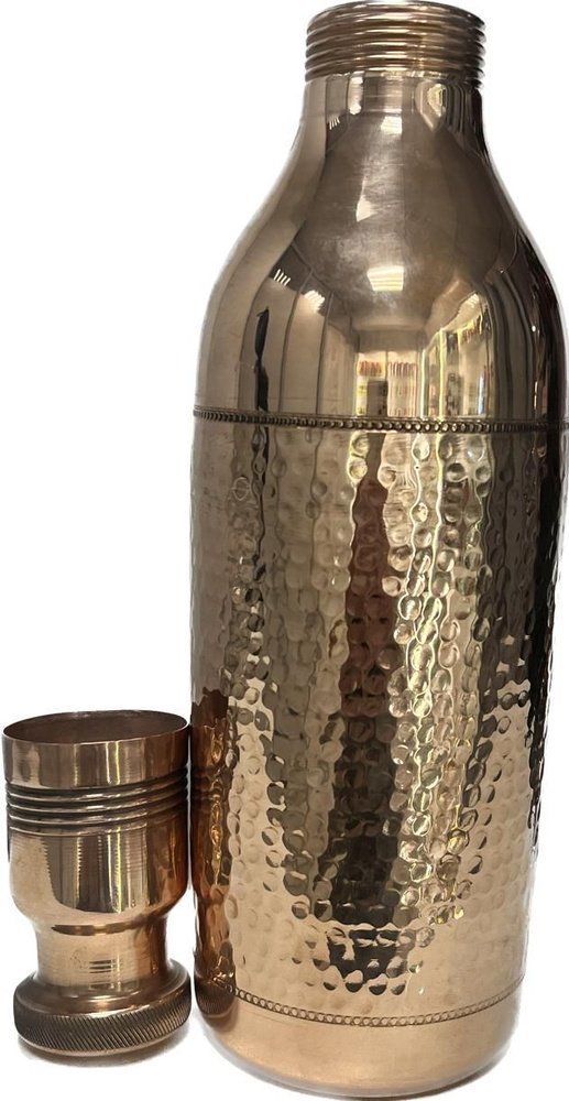 Бутылка кованая с крышкой-стаканом медь 1.3л, Вес 395г, диаметр дня 8,5см, высота 32см Индия  #1