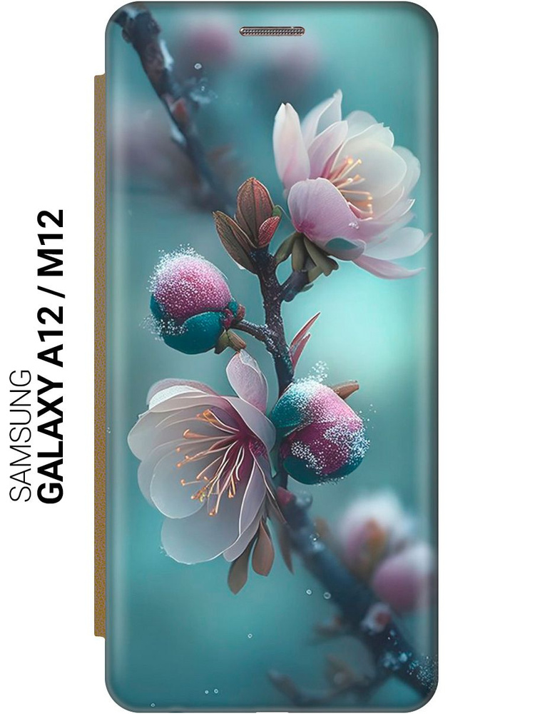 Чехол-книжка на Samsung Galaxy A12 / M12 / Самсунг А12 / М12 с рисунком "Распускающиеся бутоны" золотой #1