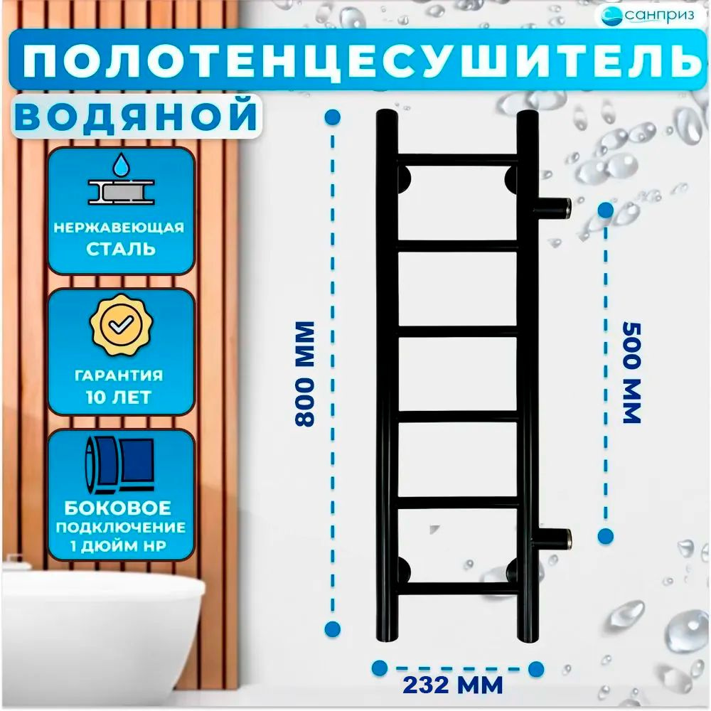 Полотенцесушитель водяной САНПРИЗ Аврора П6 200х800мм боковое подключение м/о 500 черный матовый форма #1