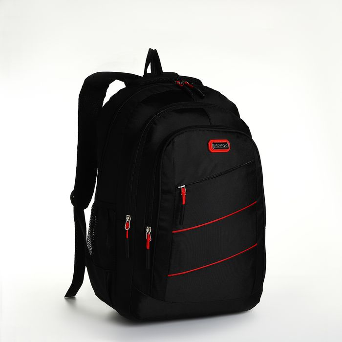 Рюкзак молодёжный из текстиля на молнии, 5 карманов, цвет чёрный/красный (2 полоски)  #1
