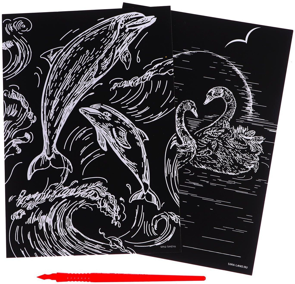 Набор гравюр "Дельфин и лебеди" со штихелем, с металлическим эффектом "золото", 2 шт, А5, основа для #1
