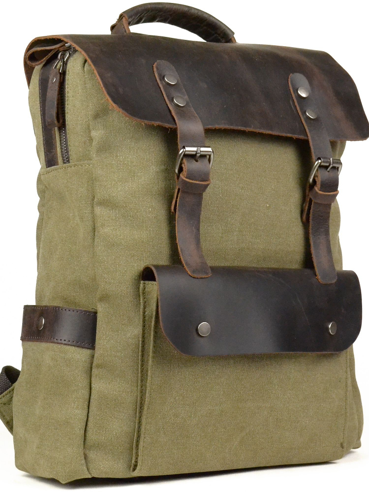 Мужской рюкзак тканевый из натуральной кожи и парусины, зеленый;хаки, 40x30x11см  #1