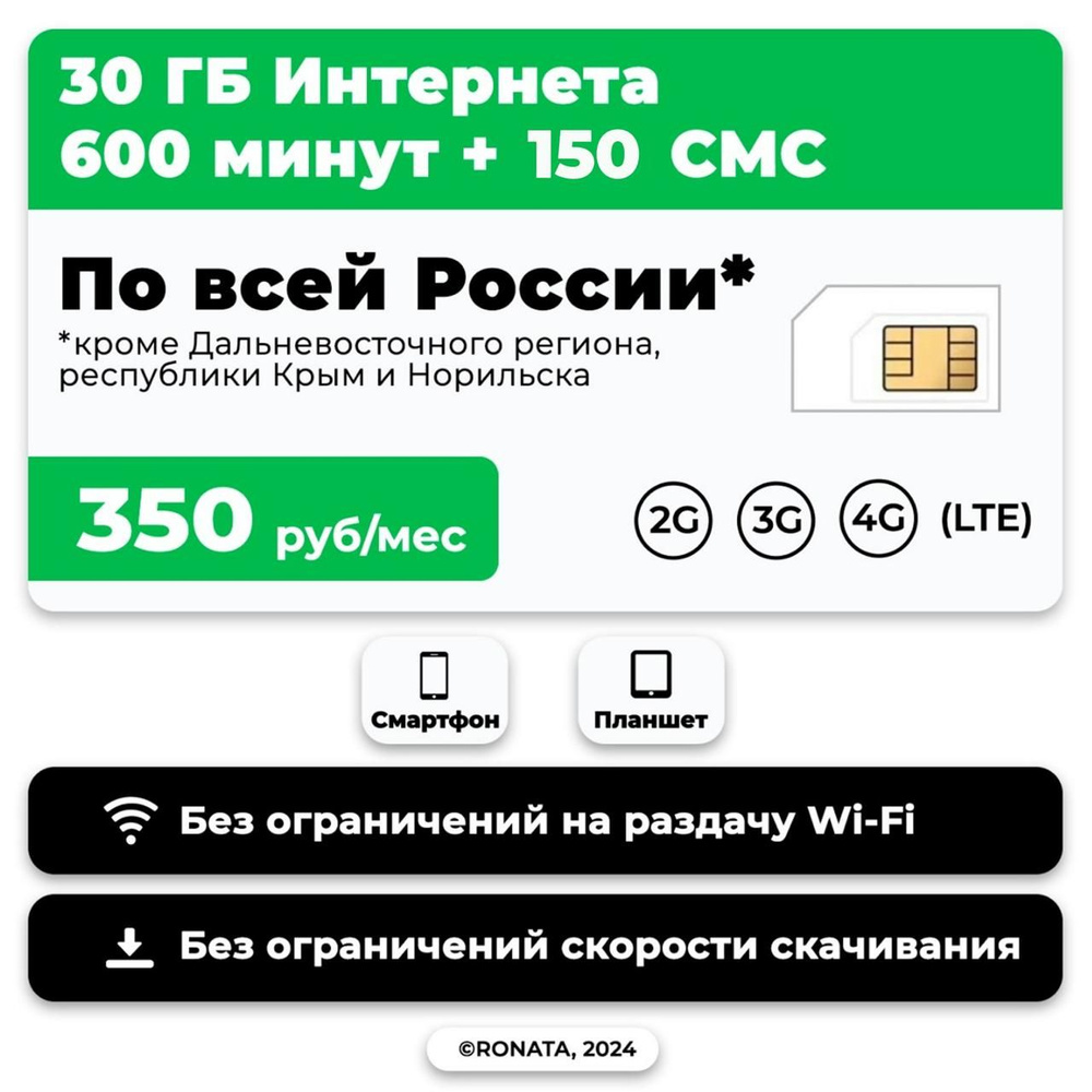 WHYFLY SIM-карта SIM-карта 600 минут + 30 гб интернет 3G/4G + 150 СМС за 350 руб/мес (смартфон) + безлимит #1