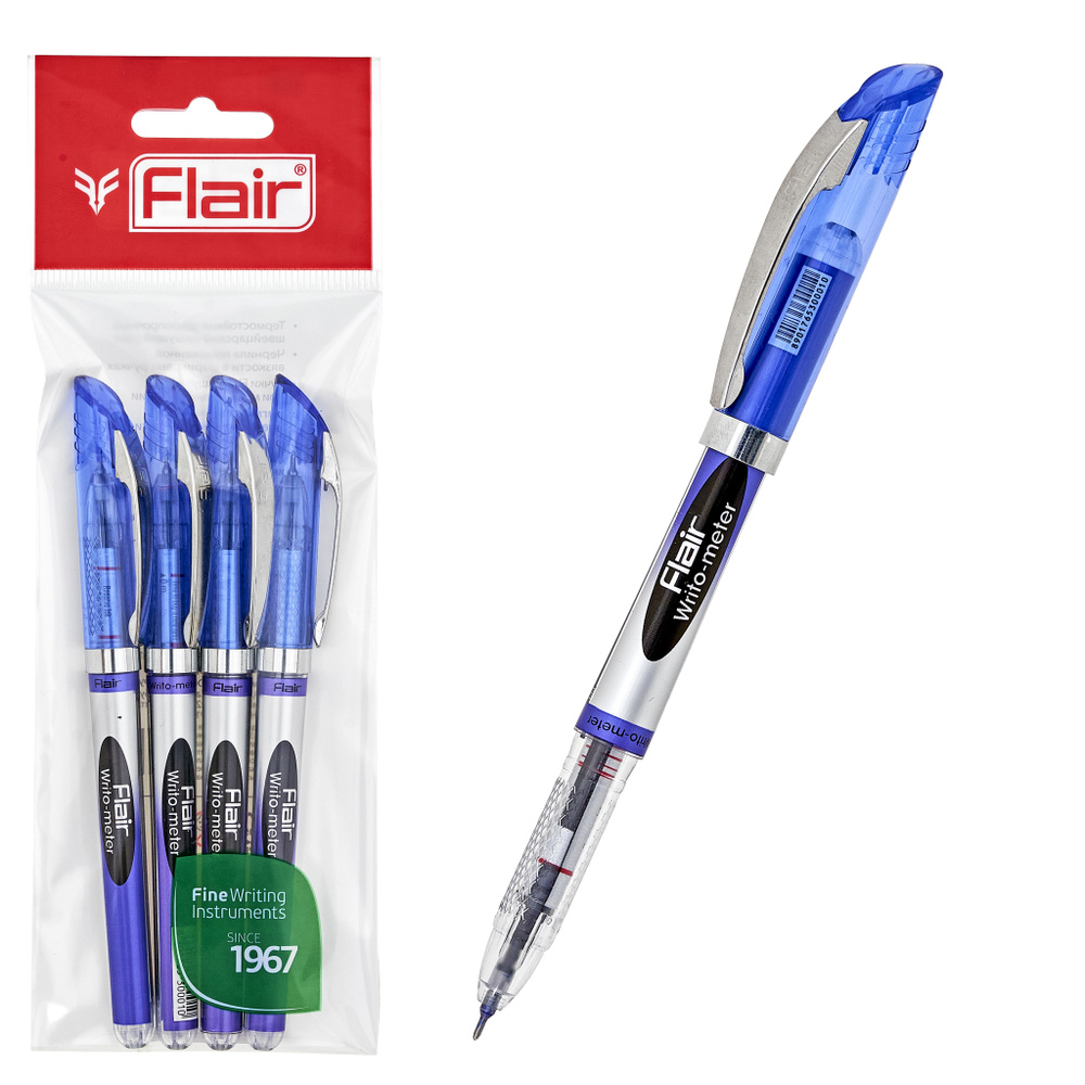 Ручка шариковая FLAIR Writo-Meter, Комплект 4 шт., синяя, пишет 10 000 метров  #1