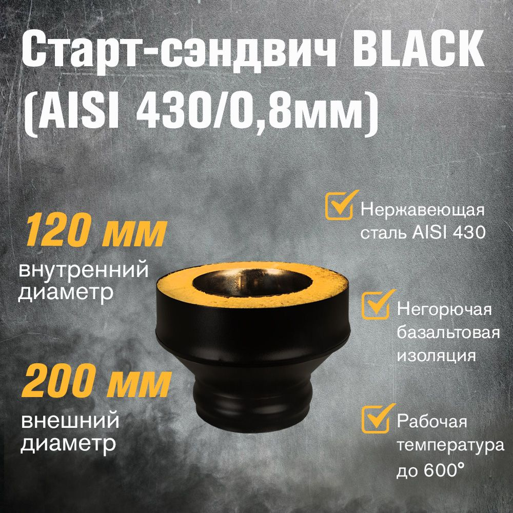 Старт-сэндвич для дымохода BLACK (AISI 430/0,8мм) д.120х200 (ПМ) #1