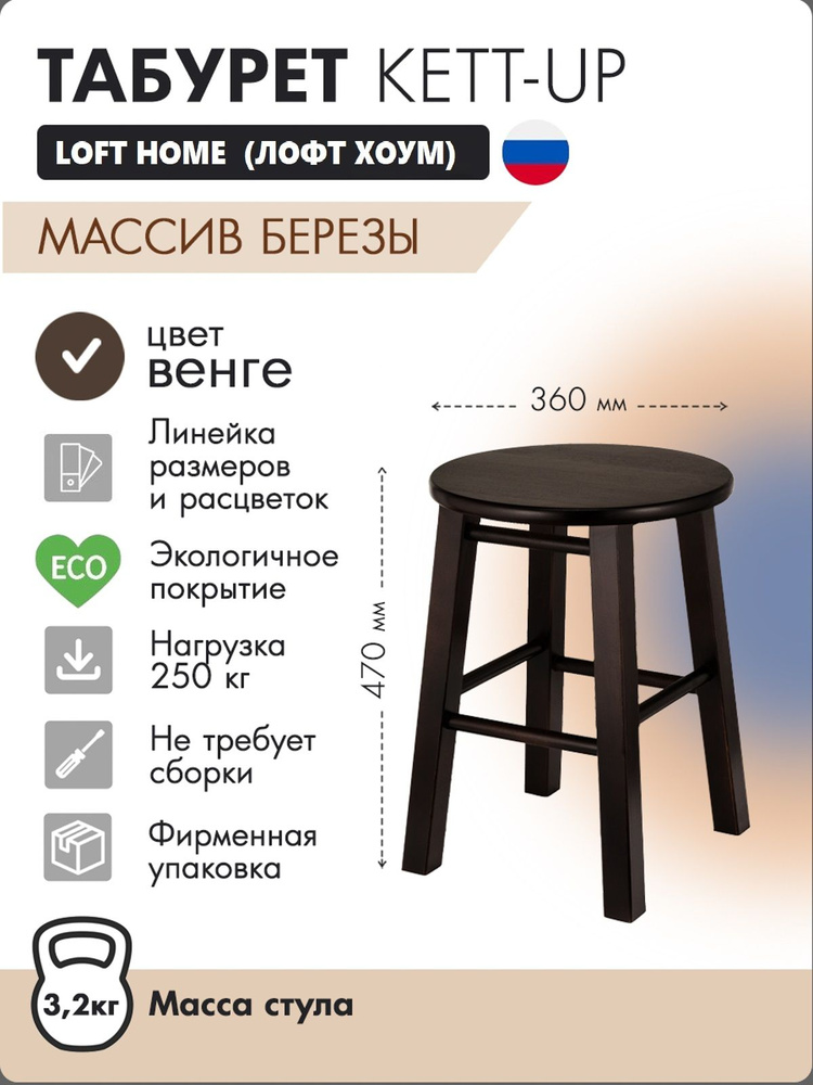 Табурет KETT-UP LOFT HOME деревянный, сиденье круглое, венге #1