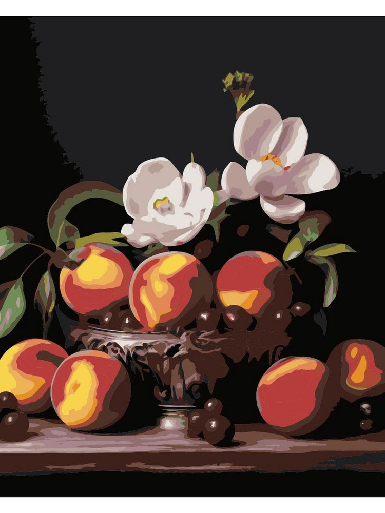 Картина по номерам персики и цветы на холсте с деревянным подрамником размер 40х50, акриловые краски, #1