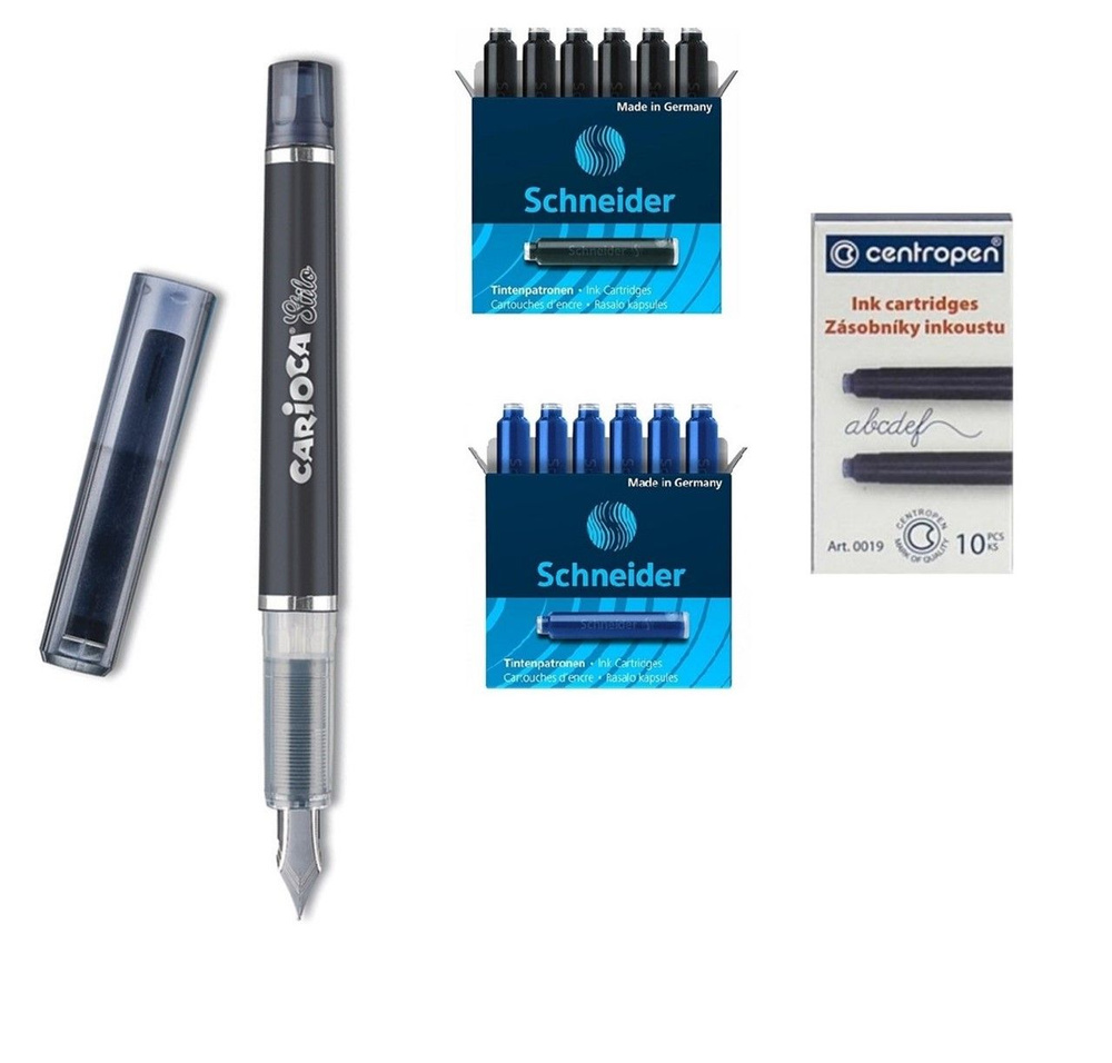 Ручка перьевая CARIOCA Stilo, корпус ручки черный. Иридиевое перо, 2 картриджа с синими чернилами в комплекте. #1