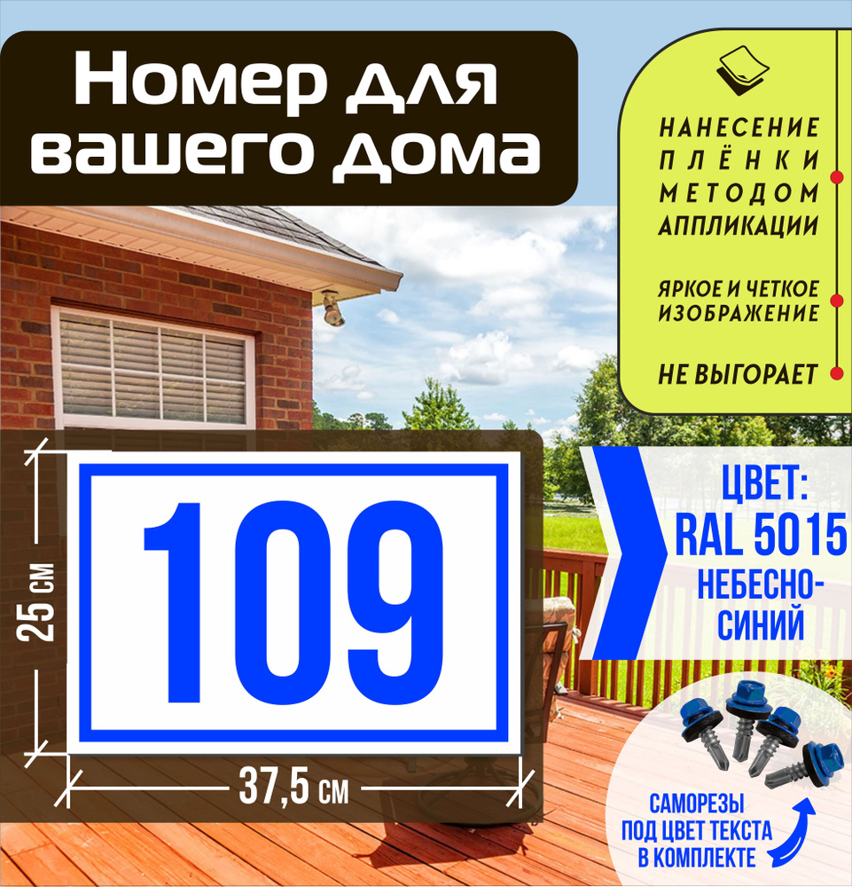 Адресная табличка на дом с номером 109 RAL 5015 синяя #1