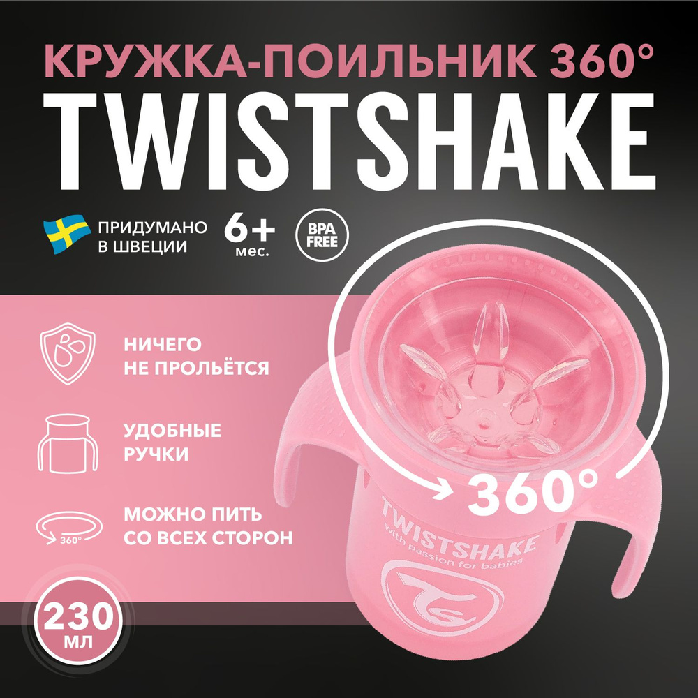 Детский поильник непроливайка Twistshake 360 cup 230 мл. Пастельный розовый (Pastel Pink). Возраст 6+ #1