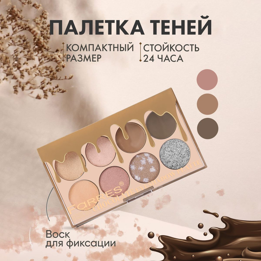 Farres cosmetics Тени для век палетка 8 профессиональных цветов , нюдовые, матовые, блестящие для макияжа #1