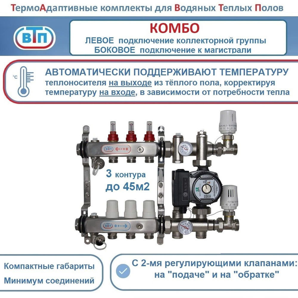 Термоадаптивный комплект ВТП КОМБО.Л.БП 3 контура, коллектор слева, Комплект коллекторов для теплого #1