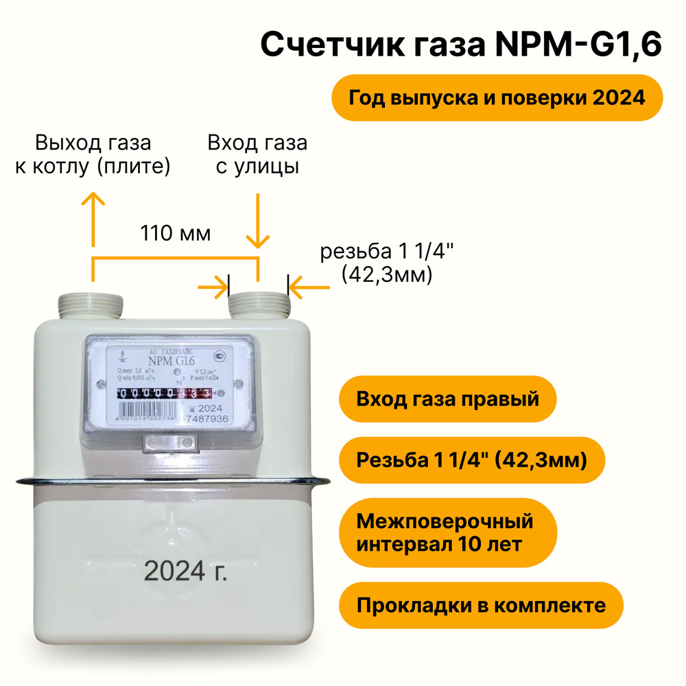 NPM-G1,6 (вход газа <--правый, резьба 1 1/4", ПРОКЛАДКИ В КОМПЛЕКТЕ) 2024 года выпуска и поверки  #1