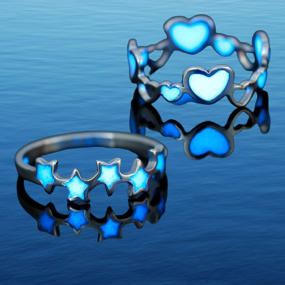 Кольца светящиеся набор 2 шт парные Звезды и сердце, кольца безразмерные, пара колец звезды / сердечки #1