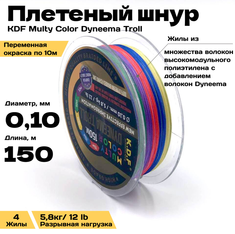 Плетеный шнур K.D.F. Multy Color Dyneema Troll, 0.10 mm -150m-5.8 kg #1