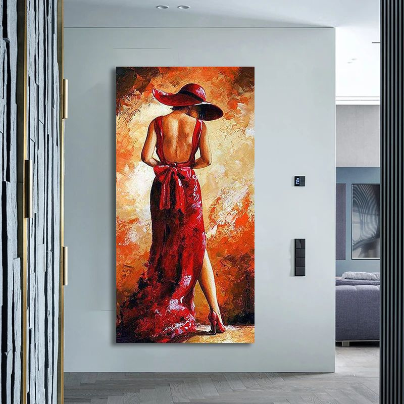 Картина в интерьер с девушкой в красной шляпе, , 40х80 см. #1