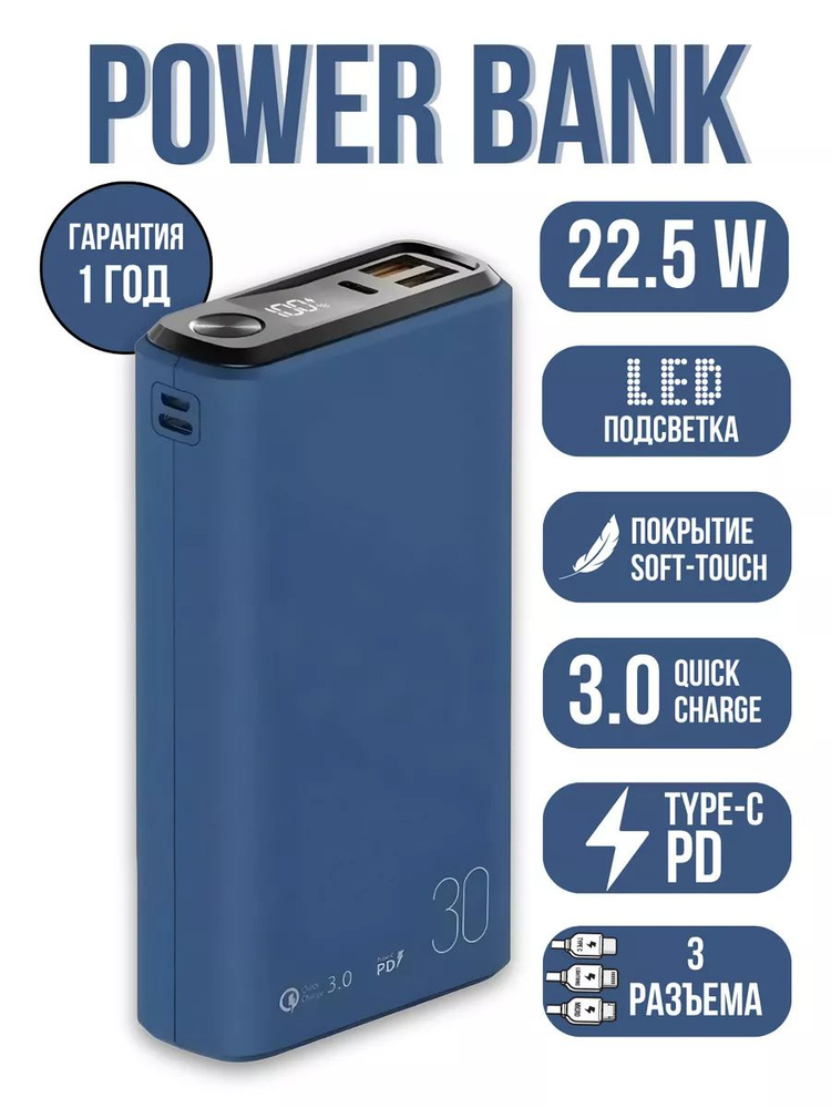 OLMIO Внешний аккумулятор QS-30 30000mAh 22.5W QC3.0, 30000 мАч, темно-синий  #1