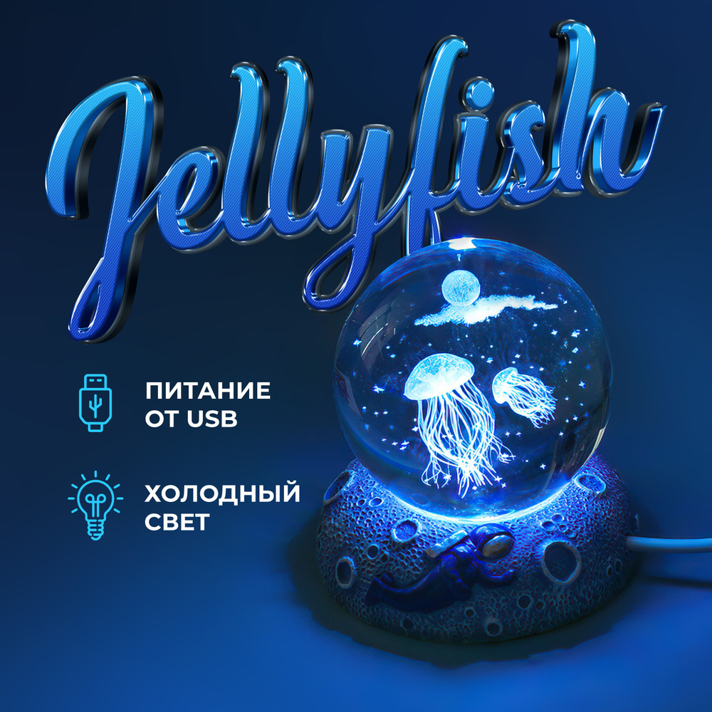 Прикроватный ночник-светильник хрустальный шар Jellyfish с голубой подсветкой 8 см  #1