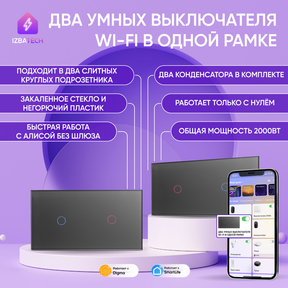 Два умных выключателя одноклавишные с WIFI для Алисы в одной серой рамке, панель для двух сенсорных выключателей #1