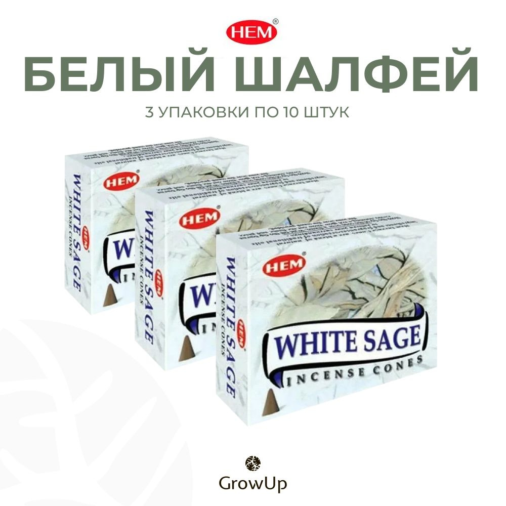 HEM Белый Шалфей - 3 упаковки по 10 шт - ароматические благовония, конусовидные, конусы с подставкой, #1